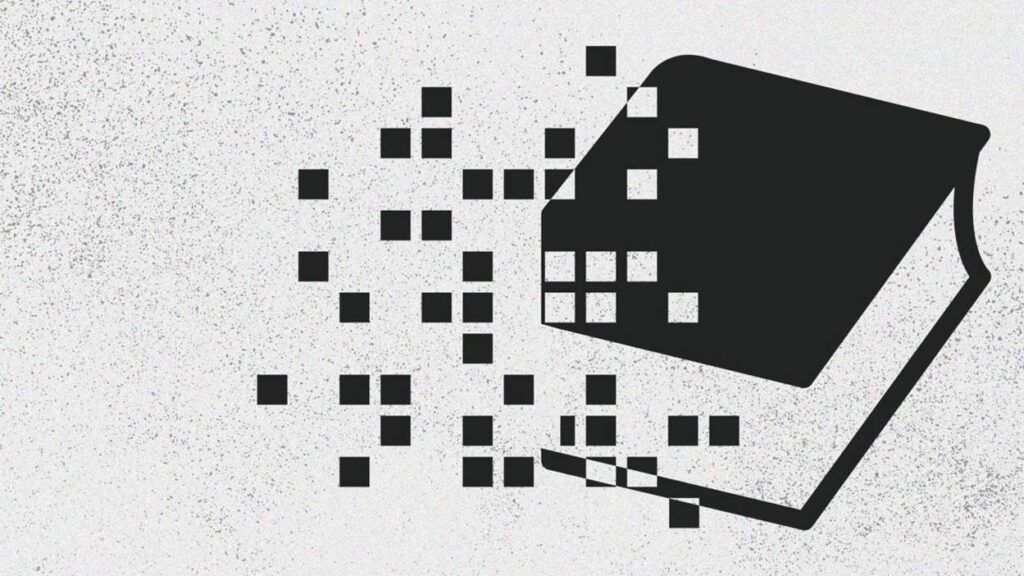 black-and-white-graphic-of-book-disappearing-in-pixels