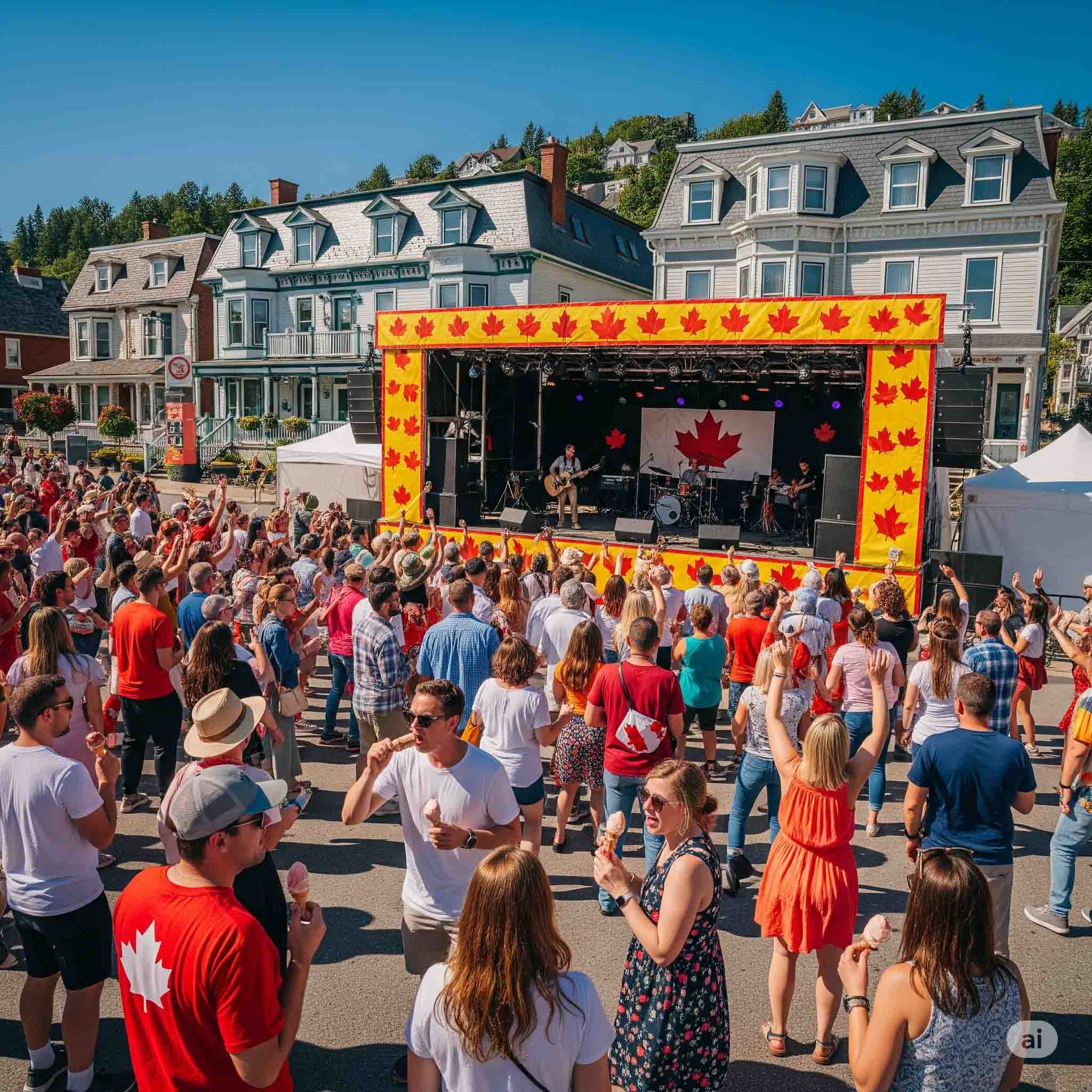 band-playing-on-outdoor-stage-with-canadian-leaf-banner-and-crowd