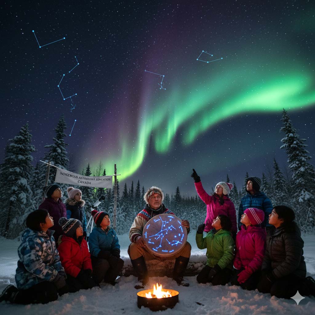 Students in Canada learning about Cree constellations and Indigenous Astronomy Education Canada using a star map.