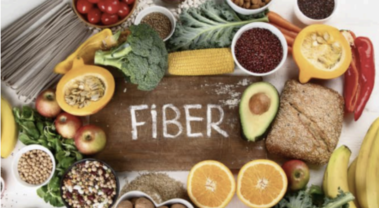 fruits and green vegetables surrounding the word FIBER on wood