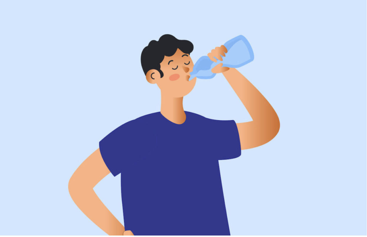 cartoon style character drinking bottled water
