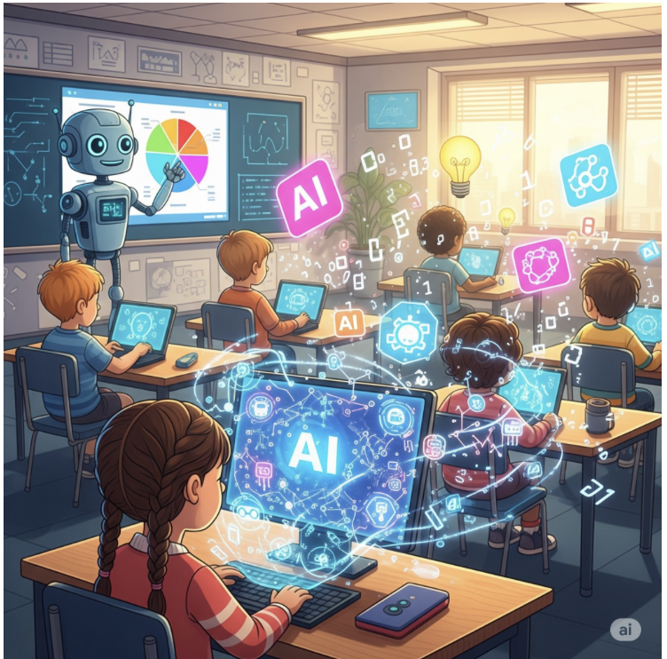 AI image of children using computers at desks in classroom with a robot lecturing