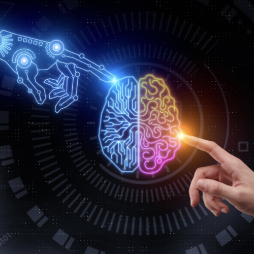 robot and human hands pointing to brain