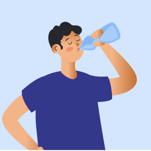 cartoon style character drinking bottled water