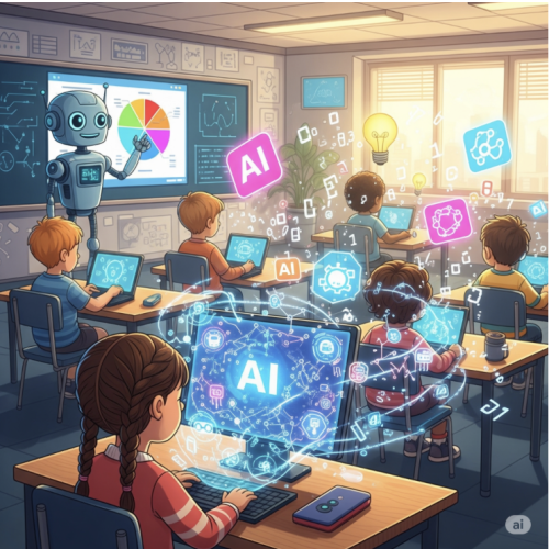 AI image of children using computers at desks in classroom with a robot lecturing